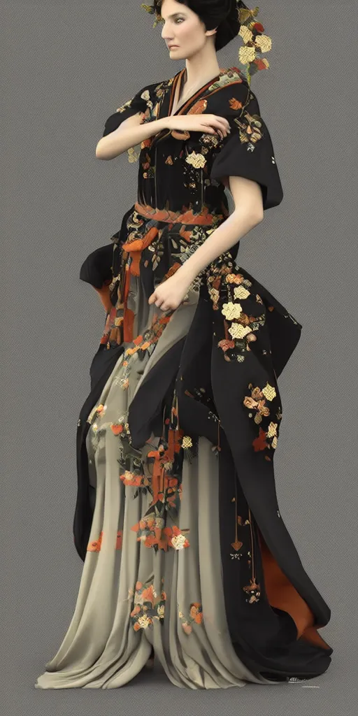 Prompt: beautiful elf woman in dress mix of kimono and european colonial dress mediaval, ardeco, realistic octan render, stylized, black hair