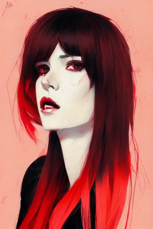 Prompt: a ultradetailed beautiful portrait panting of a stylish woman with red bangs, she is wearing a black dress, by conrad roset, greg rutkowski and makoto shinkai, trending on artstation