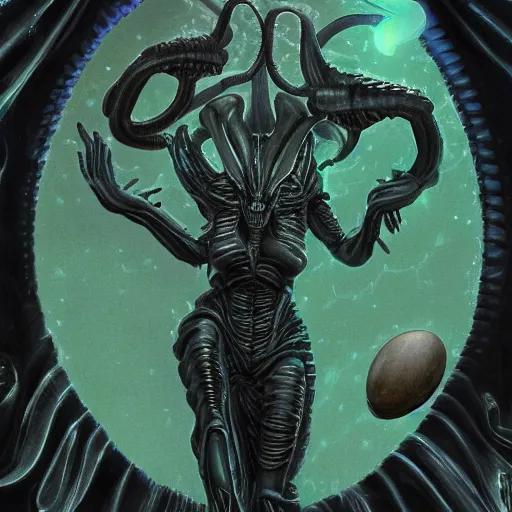 Image similar to xenomorph queen surrounded by eggs, dark emerald mist colors, giger color liminal backfill