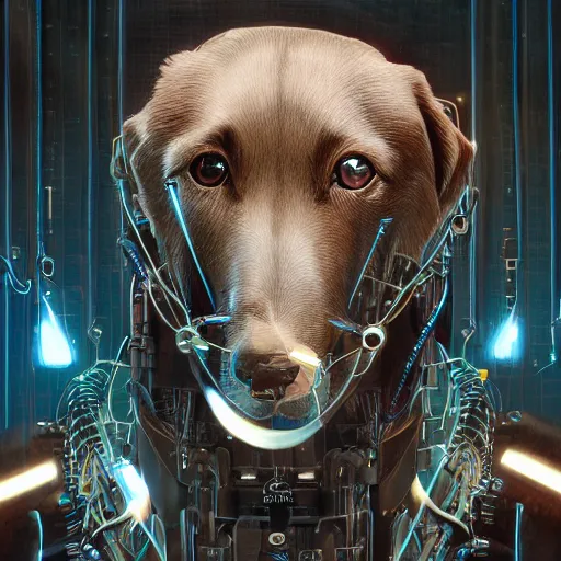 Prompt: 3 / 4 portrait of cybernetic dog wearing epic bionic cyborg implants, wires, tubes, biomechanical details, super model, prismatic highlights, depth of field, cinematic, macro, concept art, 5 0 mm, artstation, digital painting, elegant, focus, octane render, ray tracing, by karol bak