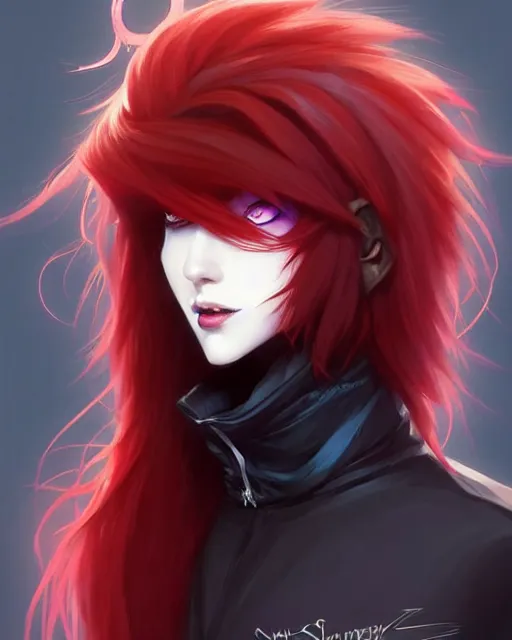 Image similar to character concept art of a black anthropomorphic furry male wolf with long red hair, futuristic | | cute - fine - face, pretty face, key visual, realistic shaded perfect face, fine details by stanley artgerm lau, wlop, rossdraws, james jean, andrei riabovitchev, marc simonetti, and sakimichan, artstation