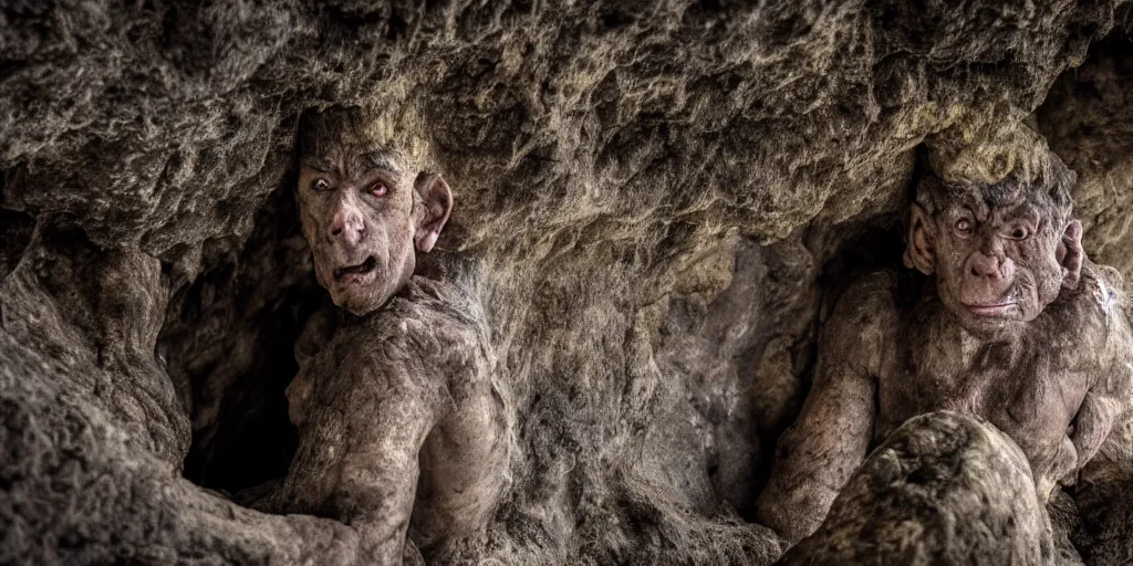 Prompt: a cave troll in a giant cave 8 k, gloomy lighting, shallow depth of field,