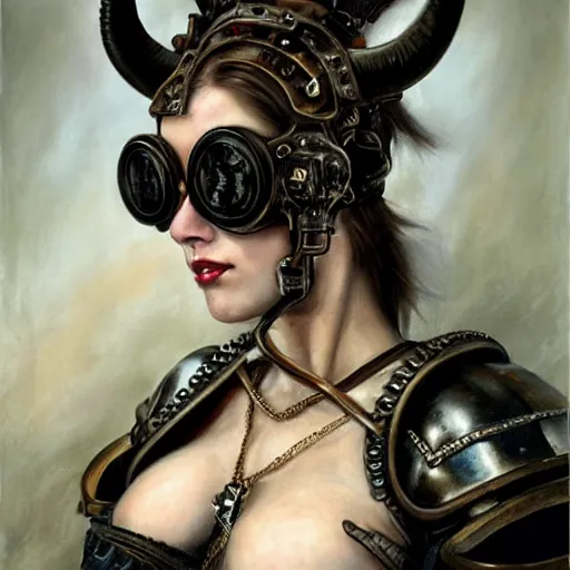 Image similar to a hyperrealistic portrait painting of a beautiful woman with demonic horns wearing steampunk goggles and ornate leather armor, holding a hi - tech weapon, by santiago caruso, highly detailed,