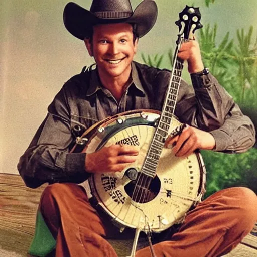 Image similar to an alligator playing a banjo and wearing a cowboy hat, vintage Disney