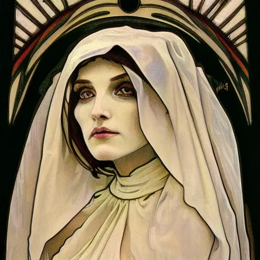 Image similar to a Masterpieces portrait of a skeleton nun in the style of Alphonse Mucha,Realistic style,oil on canvas