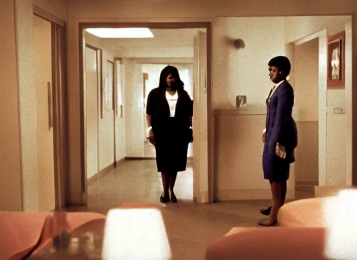 Image similar to cinematic shot of octavia spencer confronts joe manchin in a motel, in the near future, iconic scene from the paranoid thriller sci fi film directed by stanley kubrick, color theory, apartment design, leading lines, photorealistic, volumetric lighting, shot on color kodak stock