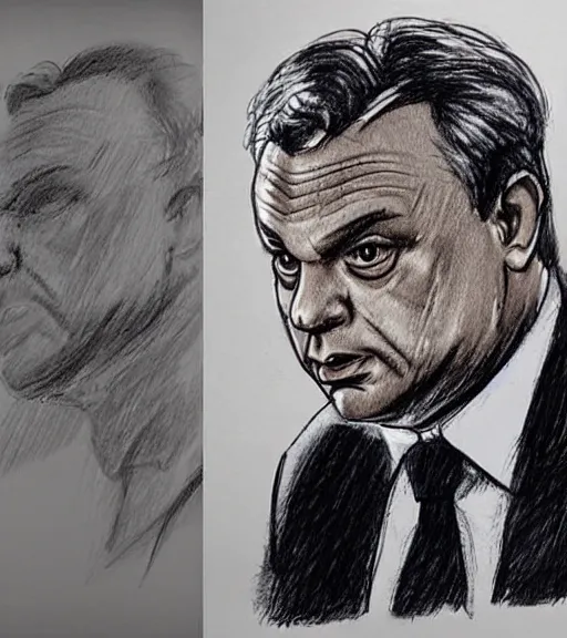 Image similar to news crime suspect sketch of hungarian prime minister viktor orban, hand drawn police sketch of a wanted person