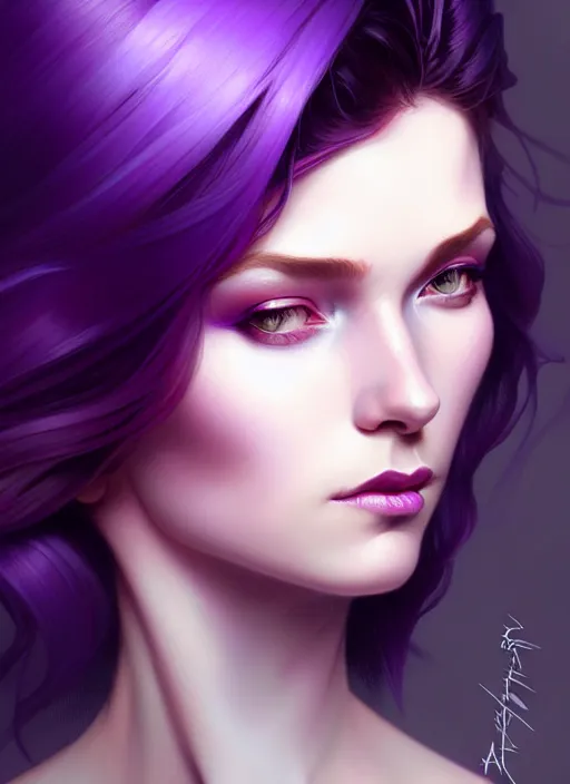 Image similar to Purple hair, creative colouring Portrait of woman, fashion, intricate, elegant, highly detailed, digital painting, artstation, concept art, smooth, sharp focus, illustration, art by artgerm and greg rutkowski and alphonse mucha