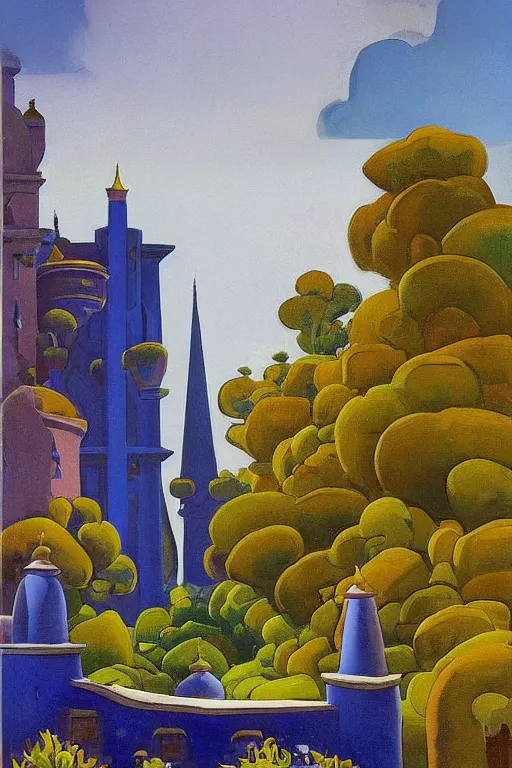 Image similar to view of the mysterious blue tower in its gardens after a storm, tall windows, beautiful moorish ornament, dramatic cinematic lighting, rich colors, by Sylvain Sarrailh and Nicholas Roerich and Ludwig Deutsch and April Gornik