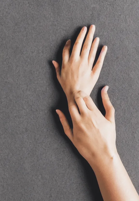 Image similar to photorealistic woman's hand with palm up lies on the table, palm pattern visible, pov photo, instagram photo, studio photo, 9 0 mm, f / 1. 4