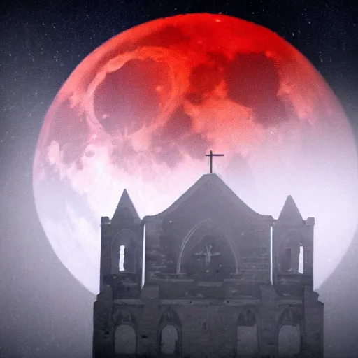 Prompt: a giant blood red full moon over a old cathedral. misty. volumetric light. moody