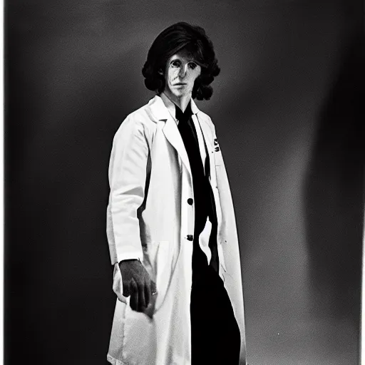 Image similar to a long shot, black & white studio photographic portrait of doctor who, dramatic backlighting, 1 9 7 3 photo from life magazine, color