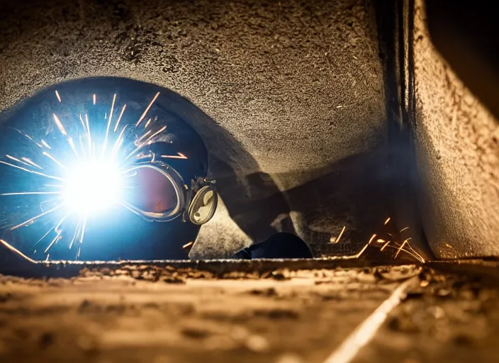 Prompt: welder in welding mask, hiding in drain pipe, ominous lighting