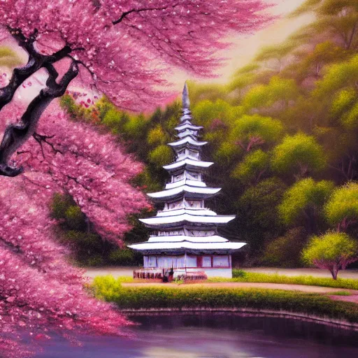 Image similar to detailed airbrushed magical realism oil painting of beautiful pagoda surrounded by blooming pink and white cherry blossom trees 4 k hd