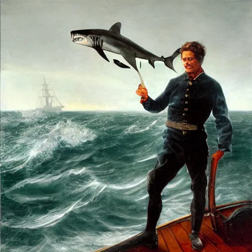 Image similar to Old sailor Willem Dafoe in captain's clothes holds a shark at arm's length, stands on the deck against the background of a raging sea, the background is blurred, focus in the foreground, realism, details,