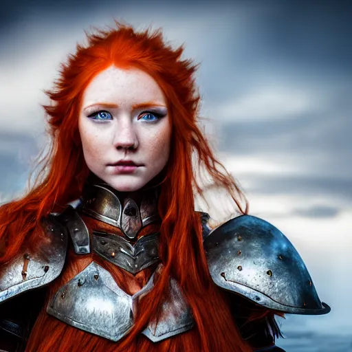 Image similar to north female warrior, red hair, ginger hair, fantasy, high detailed, photography, cloudy, lightweight armor, Scandinavia, plain, Authentic, detailed face, cute face, model, glowing skin, blue eyes, professional photographer, masterpiece, 8k, 3D