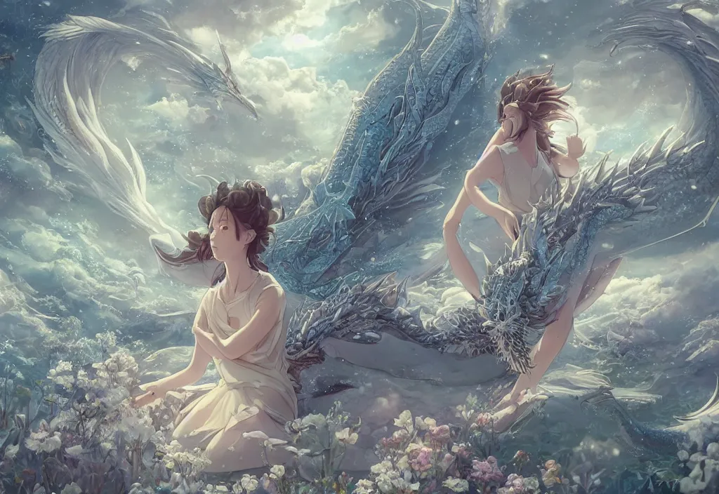 Image similar to the beautiful hyper detailed scene render that a lonely single beautiful girl lies in the arms of a huge silver dragon alone in the fairyland surrounded by white clouds, in the style of makoto shinkai victo ngai and peter mohrbacher studio ghibli artgerm karol bak beeple, cinematic, absolutely beautiful, ultra wide angle, animation style, 8 k hd