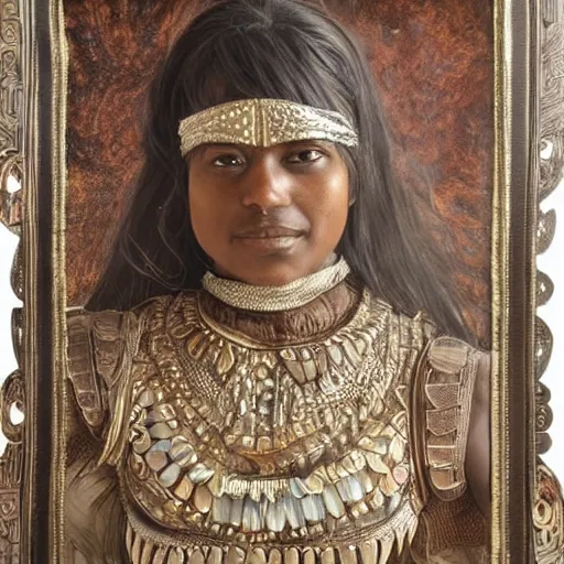 Prompt: portrait of a brown woman wearing an armor made of mother of pearl. sheen and shimmer. super intricate. photorealistic. award winning