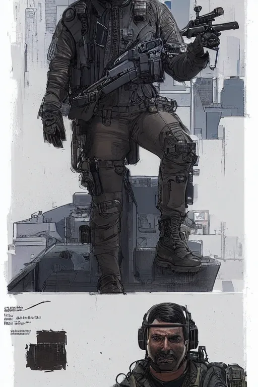 Prompt: Javier. smug blackops mercenary in tactical gear and cyberpunk headset. Blade Runner 2049. concept art by James Gurney and Mœbius.