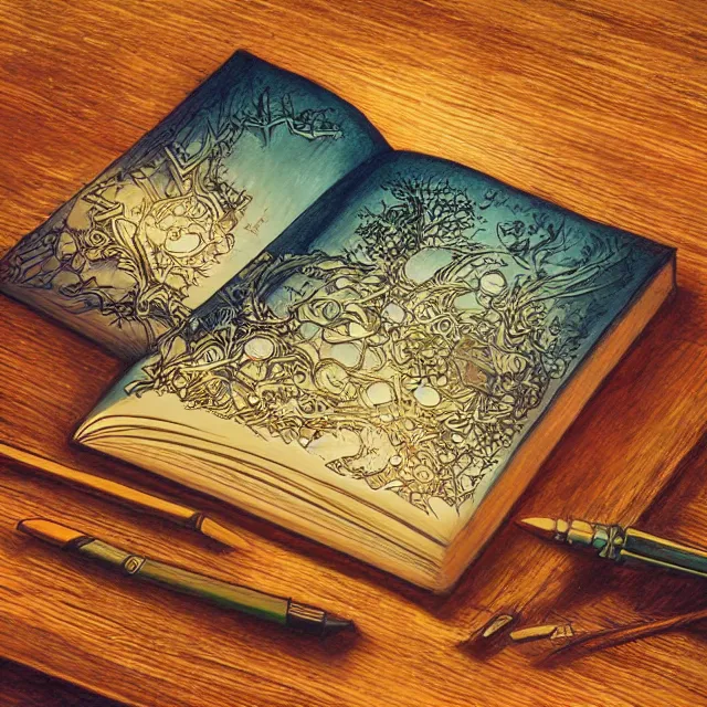 Image similar to a glowing open book laying on a wooden desk, fantasy concept art, fantasy book cover, highly detailed, intricate drawing