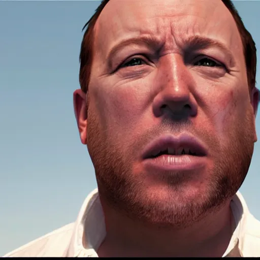 Image similar to hyperrealistic mixed media image of info wars alex jones insane and wielding a microphone in gta v, stunning 3 d render inspired art by xiang duan and thomas eakes and greg rutkowski, perfect facial symmetry, hyper realistic texture, realistic, highly detailed attributes and atmosphere, dim volumetric cinematic lighting, 8 k octane detailed render, post - processing, masterpiece,