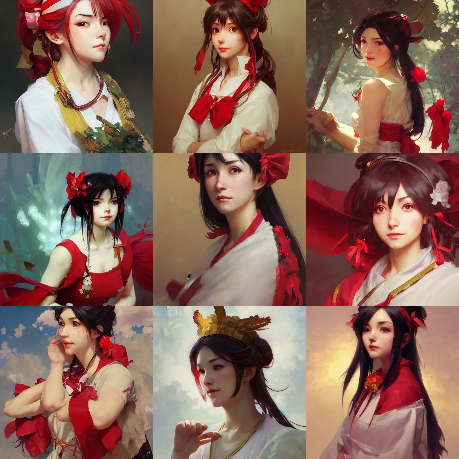 Prompt: a portrait painting of reimu hakurei, by greg rutkowski, artgerm, wlop, ruan jia, krenz cushart, norman rockwell, alphonse mucha, marble, gold, unreal engine 5