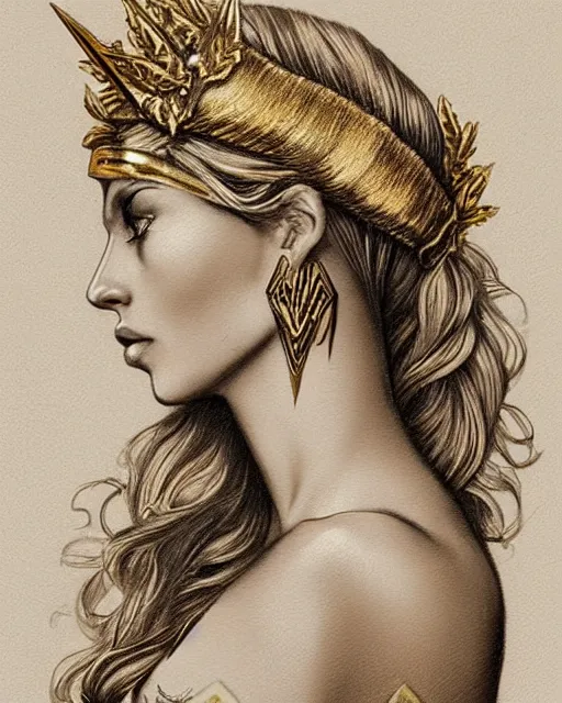 Image similar to tattoo sketch of blonde super model aphrodite greek goddess wearing a gold laurel wreath and triangle earrings, beautiful piercing gaze with sharp pupils, in the style of greg rutkowski, fantasy, amazing detail, epic, elegant, smooth, sharp focus, front view