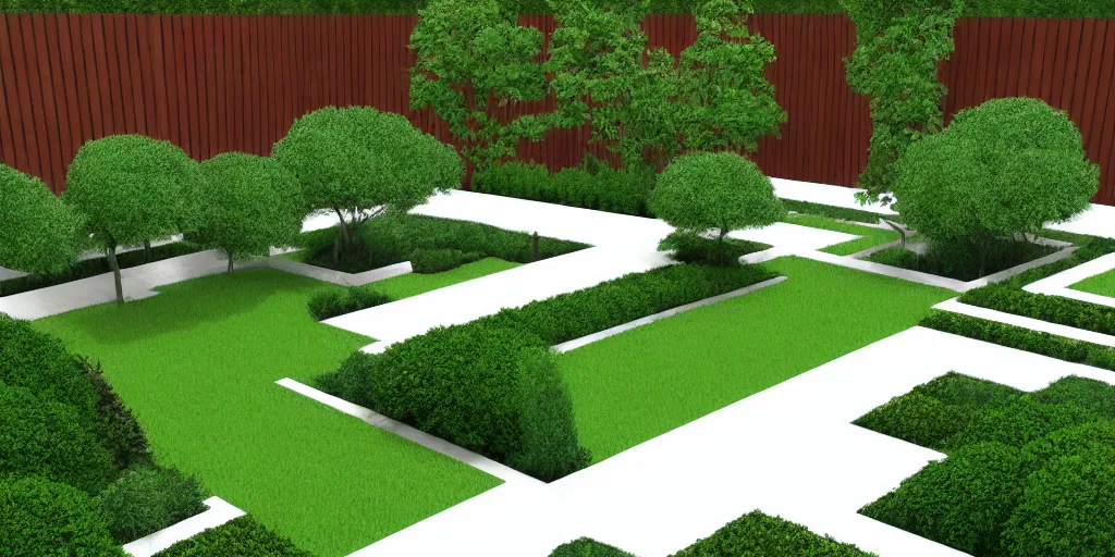 Image similar to overhead plans contemporary rectanguar minimal landscape garden, planting, tree, in the style of frank lloyd wright inspiration.