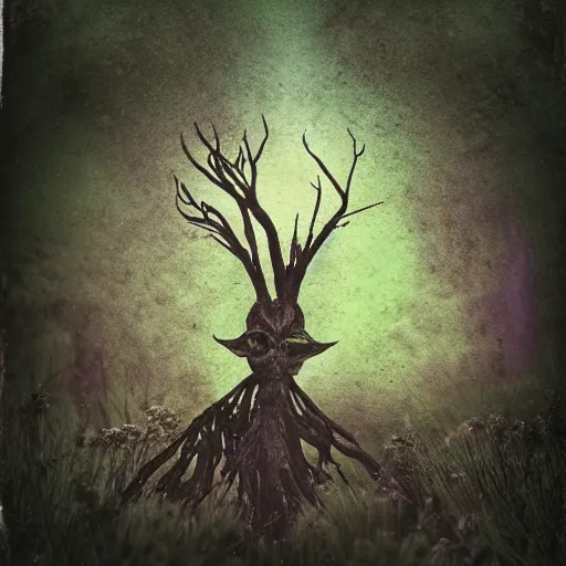 Image similar to tree monster in a beautiful meadow as the eye fairy princess in saturation color scheme, grey, lavender, burnt the new world tintype macro macro earth