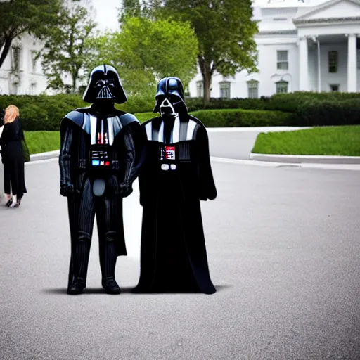 Image similar to Darth vader holding hands with donald trump near the white house, 8k, photorealistic