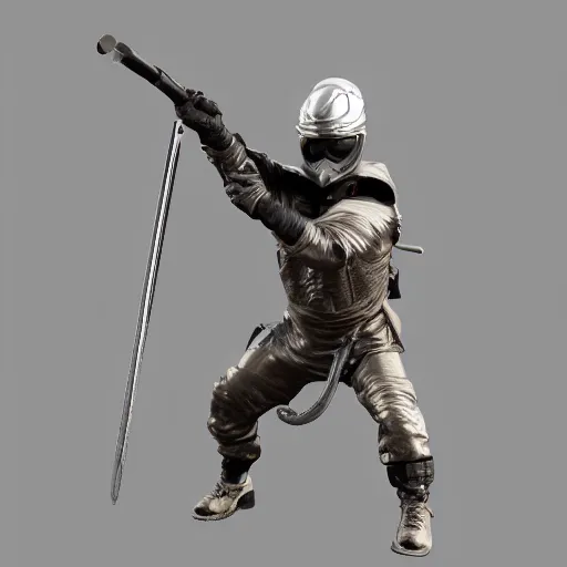 Image similar to 3 d rendering of marble and chrome statue of ninja wearing full face mask and hunter hat, combat suit, technological, octane render