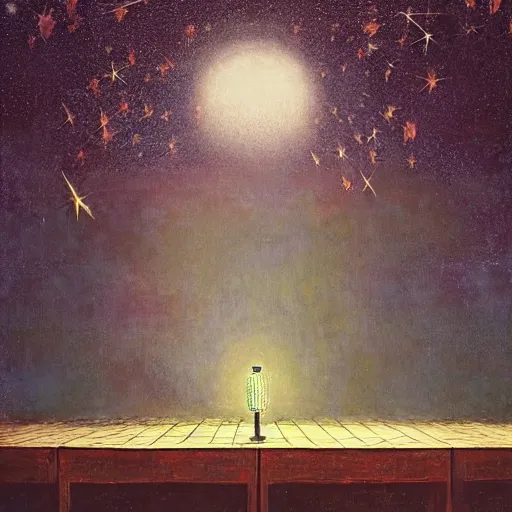 Image similar to kentucky fried chicken unified, lively by john atkinson grimshaw, by gediminas pranckevicius. a beautiful digital art. the abyss above him shone with unflickering stars. one of the dots of light was earth. he didn't know which one.