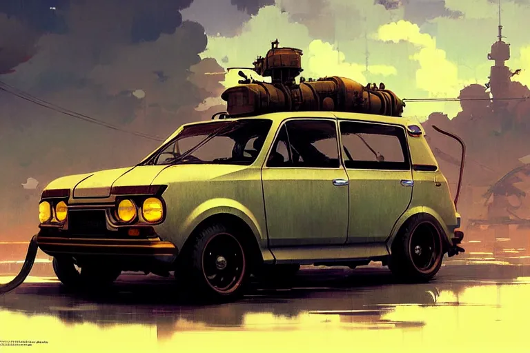 Image similar to dieselpunk honda e, painted by greg rutkowski makoto shinkai takashi takeuchi studio ghibli, akihiko yoshida