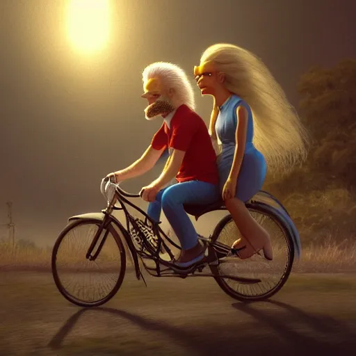 Prompt: Hyper realistic portrait of Joe Biden riding a bicycle made of wonderfully fragrant long flowing hair with Lisa Simpson sitting on the handlebars, Cinematic lighting, ultra super good realistic 3D render by Gerald Brom and James Jean, Trending on Artstation, I can't believe how detailed this is, 8k, post processing, sharp focus.