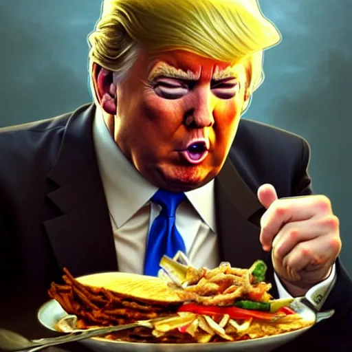 Image similar to donald trump eating a kebab, closeup, d & d, fantasy, intricate, elegant, highly detailed, digital painting, artstation, concept art, matte, sharp focus, illustration, art by artgerm and greg rutkowski and alphonse mucha