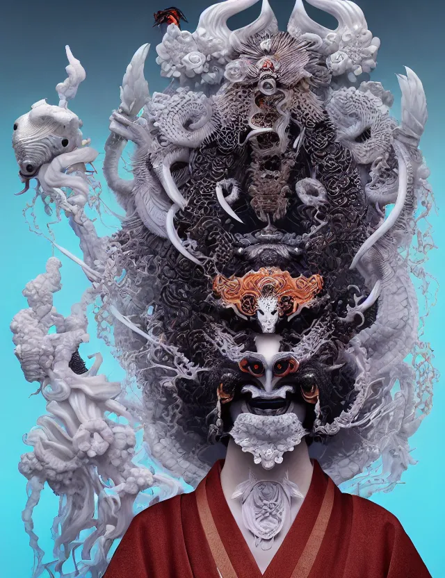 Image similar to 3 d goddess of hell close - up profile portrait with ram skull. beautiful intricately detailed japanese crow kitsune mask and clasical japanese kimono. betta fish, jellyfish phoenix, bio luminescent, plasma, ice, water, wind, creature, artwork by tooth wu and wlop and beeple and greg rutkowski