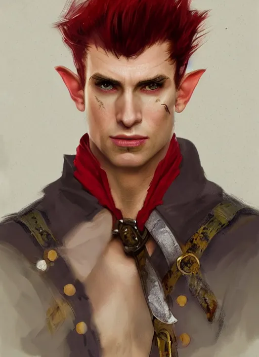 Prompt: medium-length portrait of a male half-elf dashing swashbuckler with a mohawk, fair skin, strong jaw, cocky expression, wears a bright red longcoat, medieval setting, highly detailed, digital painting, artstation, concept art, sharp focus, illustration, art by greg rutkowski and alphonse mucha