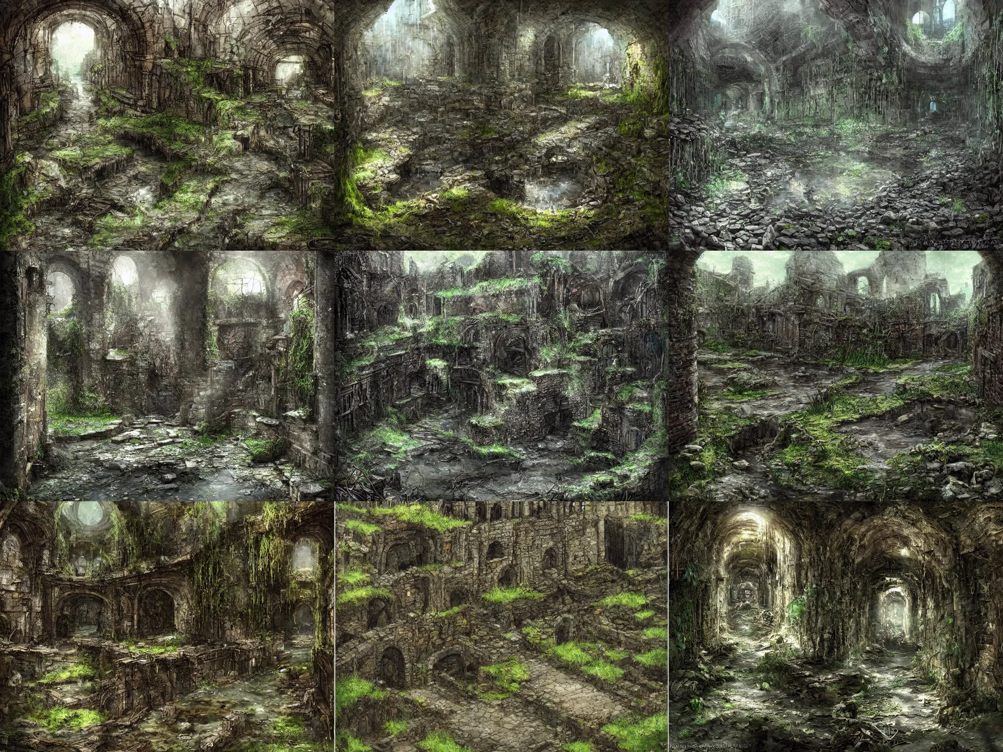 Prompt: inside the old sewers in the ruined part of the city. fantasy art, dripping water, standing water, channel, flooded, musty, moss, vines, ruins, abandoned spaces, pinpricks of light, dungeons and dragons.