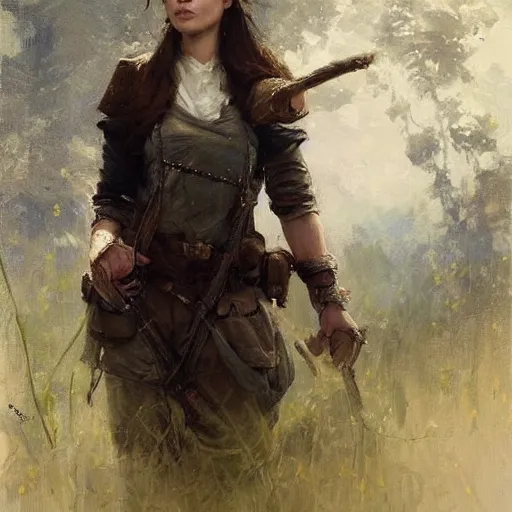 Prompt: Richard Schmid and Jeremy Lipking full length portrait photo of a beautiful ranger woman, dungeons and dragons, fantasy