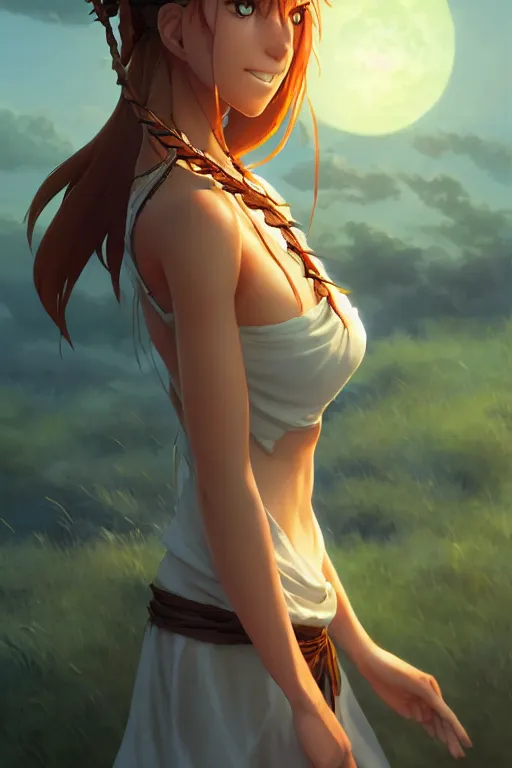 Image similar to long ginger hair, tanned woman in a prehistoric outfit, green eyes, fang necklace, by artgerm, hair tied in a ponytail, white backdrop, soft lighting, night scene, by greg rutkowski makoto shinkai takashi takeuchi