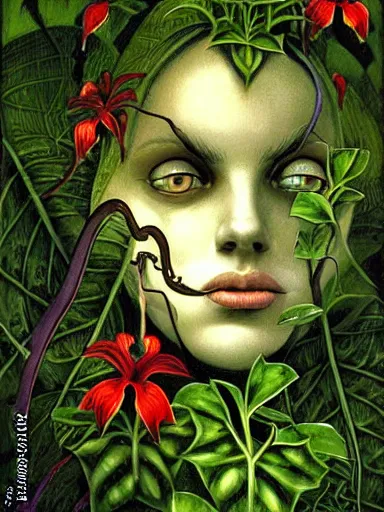Image similar to The Hanging-Gardens of Pareidolia, lobelia, ivy, verbena and pothos growing facial features and optical-illusions, aesthetic!!!!!!!!!!, by Chris Tulloch McCabe in the style of Gerald Brom,