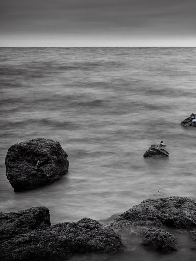 Prompt: long exposure photography of a single rock in the sea, photorealistic, minimalism, black and white fine art photography