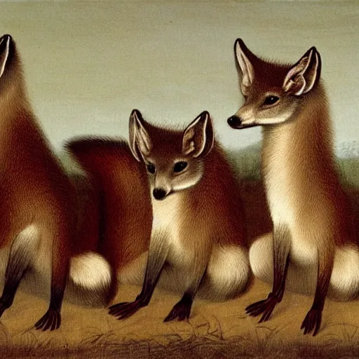 Prompt: group of long necked fox wolf rats wearing clothes, by george stubbs, oil painting