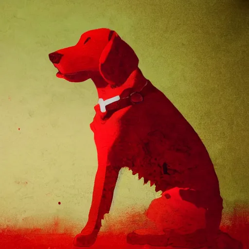 Image similar to A red dog sitting in the middle with red spots. in the art style of William Turner. Dramatic lighting, minimal painting, high resolution. Positive vibes