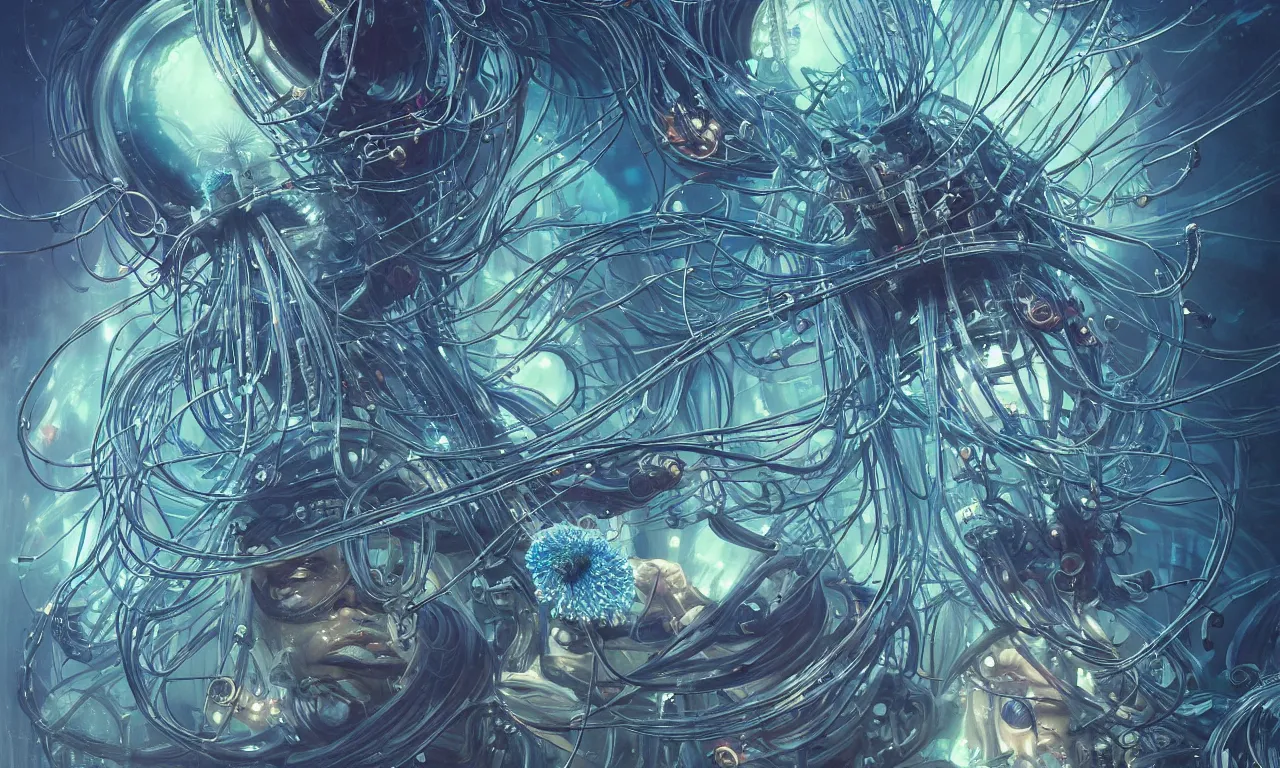 Image similar to a hyper detailed painting of a cyberpunk jellyfish, cables everywhere, blue tones, underwater, highly detailed, digital painting, artstation, concept art, smooth, sharp focus, illustration, art by artgerm and greg rutkowski and alphonse mucha