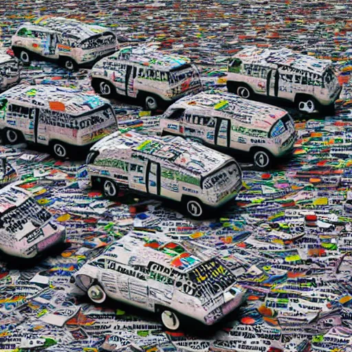 Image similar to taxis made of newspaper at the shore, Octane render, 4k, psychedelic,