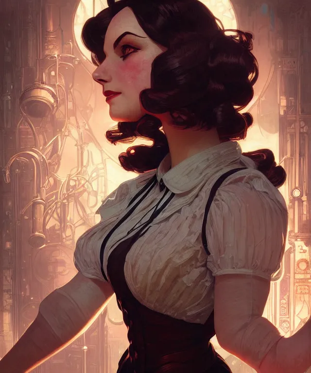 Prompt: bioshock big sister portrait, intricate, elegant, highly detailed, digital painting, artstation, concept art, smooth, sharp focus, illustration, art by artgerm and greg rutkowski and alphonse mucha