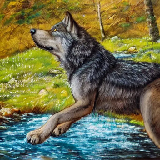 Image similar to A majestic and beautiful wild wolf out by a river with its head down taking a drink from the stream while it's ears are up and alert listening for danger with trees behind it, set in warm spring where it is sunny and windy, award winning, oil painting, 8k