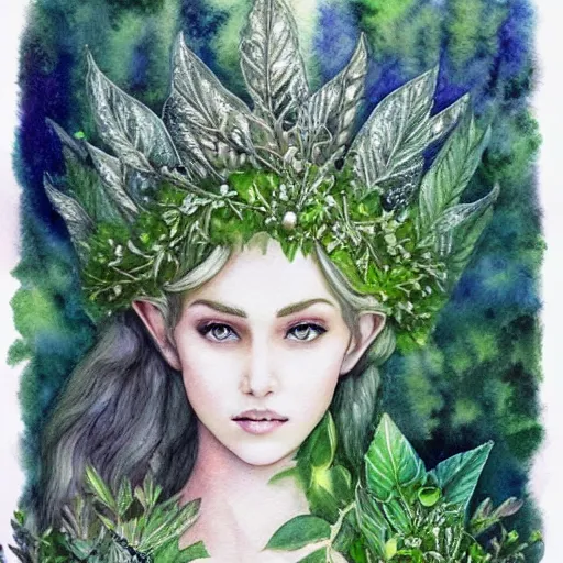 Image similar to heavenly beautiful elven queen with a leaf crown, hints of silver jewelry, overgrown, full body, forest background, elegant, intricate detail, dramatic lighting, mist, green aura, 8k watercolor,