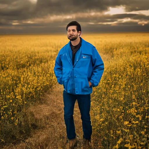 Prompt: steven bonnell ii in a blue jacket walking in a field, 2 0 mm sigma lens, sony a 7 siii